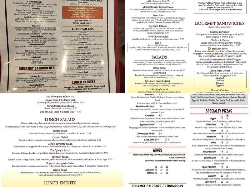 Gina's Stonefired Italian Pizzeria Menu