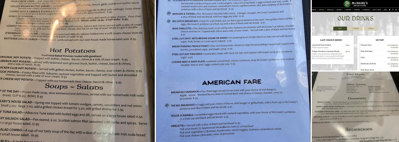 McCreary's Irish Pub & Eatery Menu