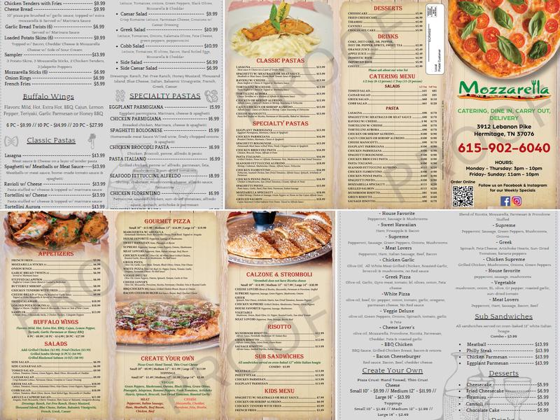 Mozzarella Pizzeria Menu