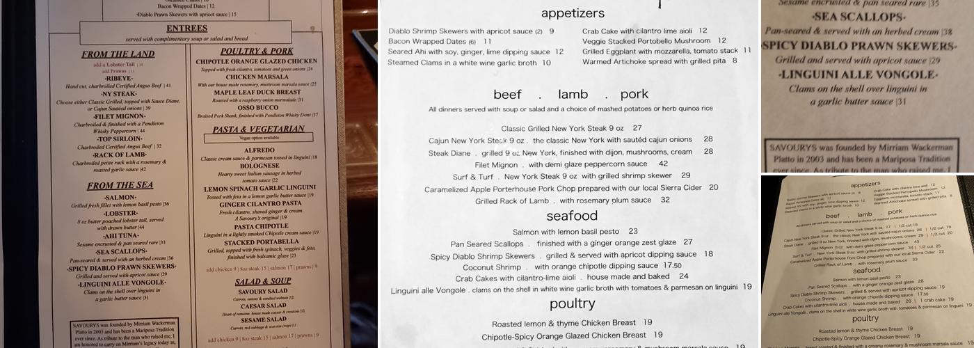 Fredricks of Savourys Menu