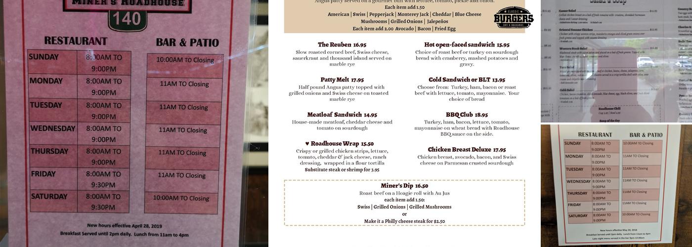 Miner's Roadhouse 140 Menu