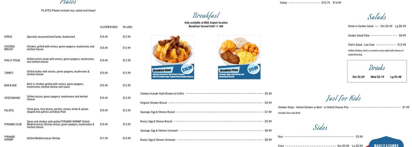 Pyramids Cafe Menu