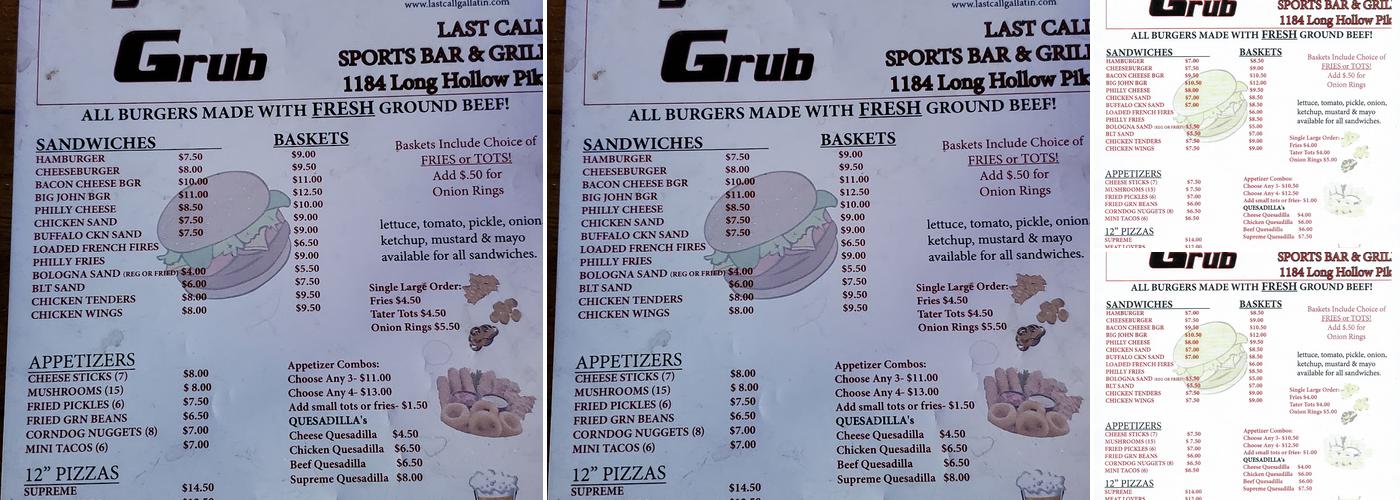 Last Call Bar & Grill Menu
