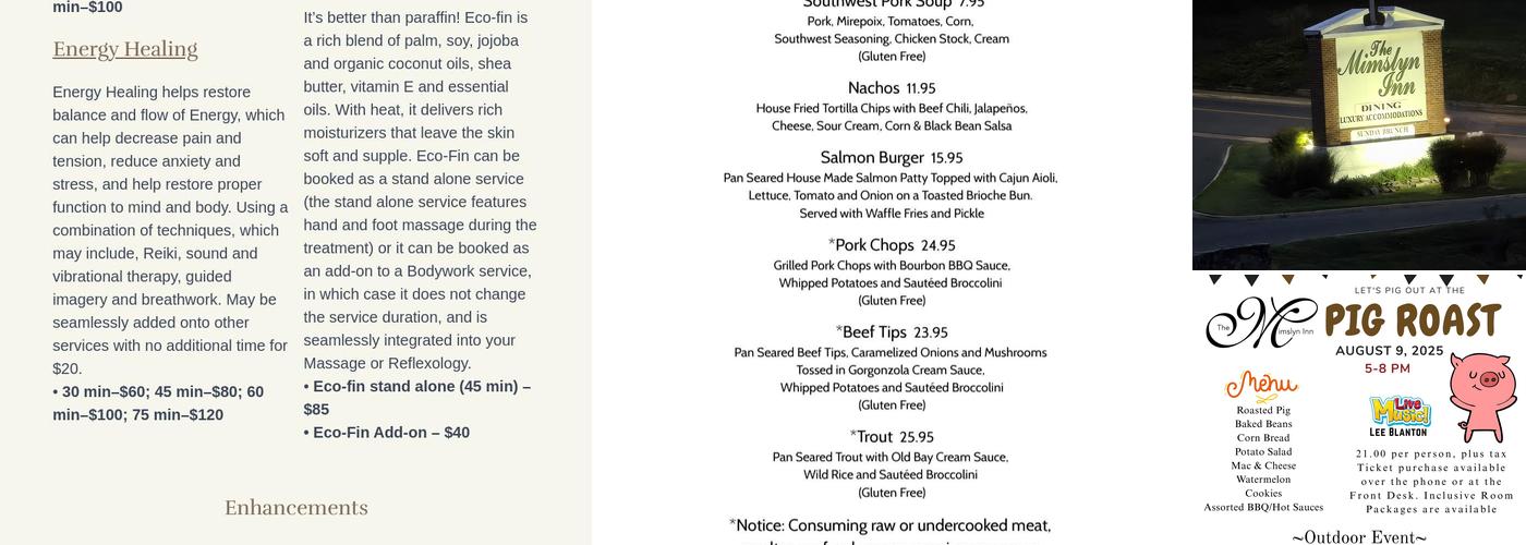 Mimslyn Inn Menu