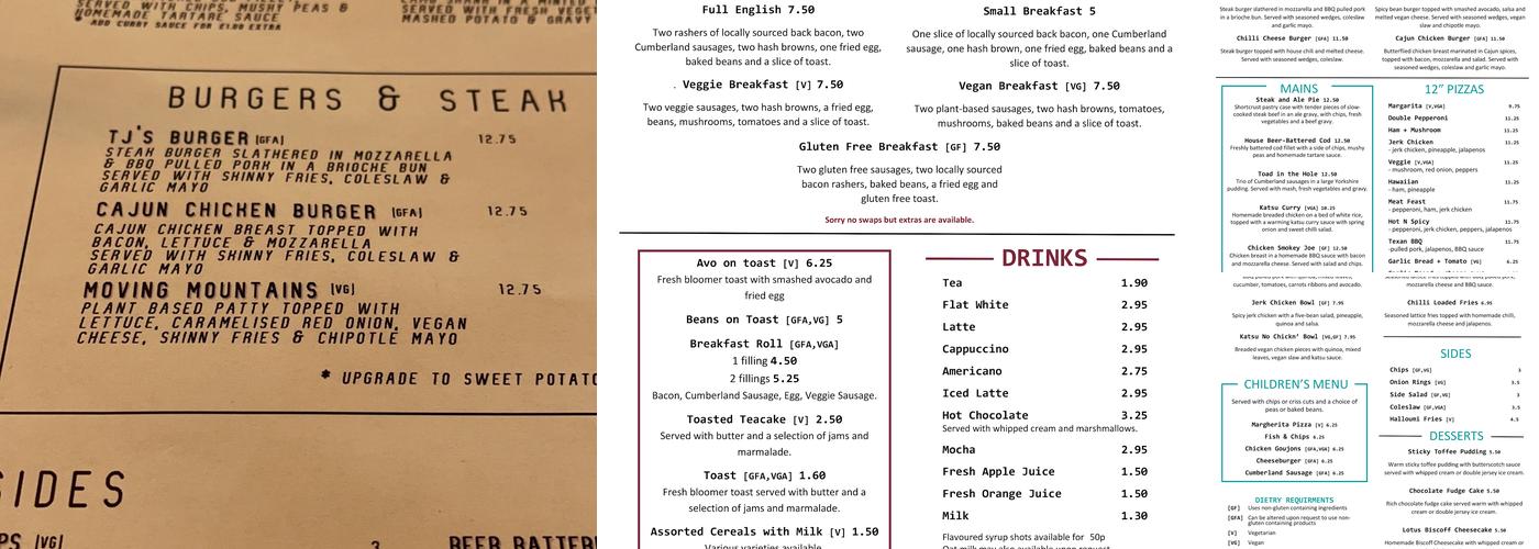 TJ’s Bar & Restaurant Menu