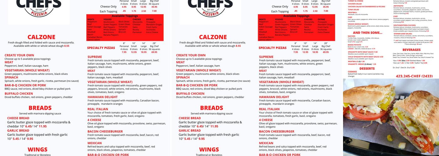 Chef's Pizzeria Menu