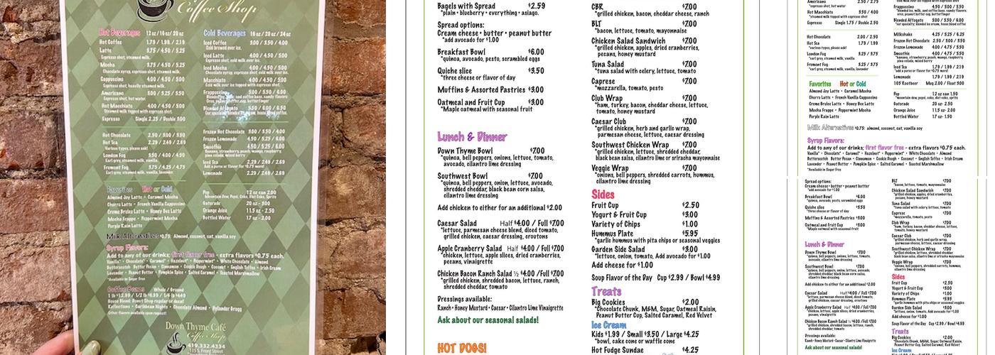 Down Thyme Café Menu