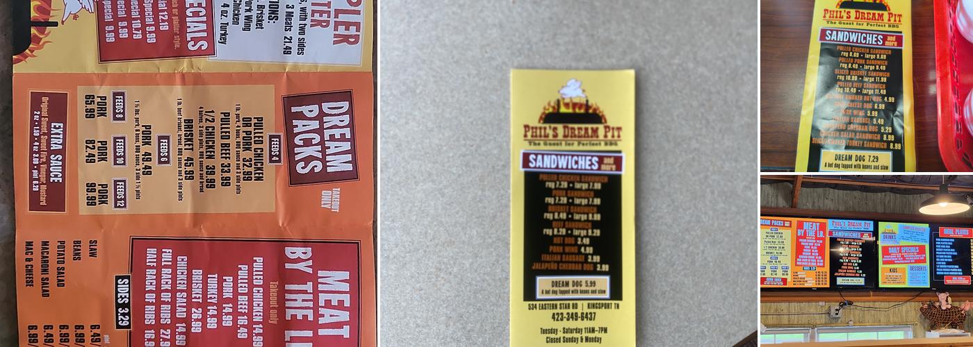 Phil's Dream Pit Menu
