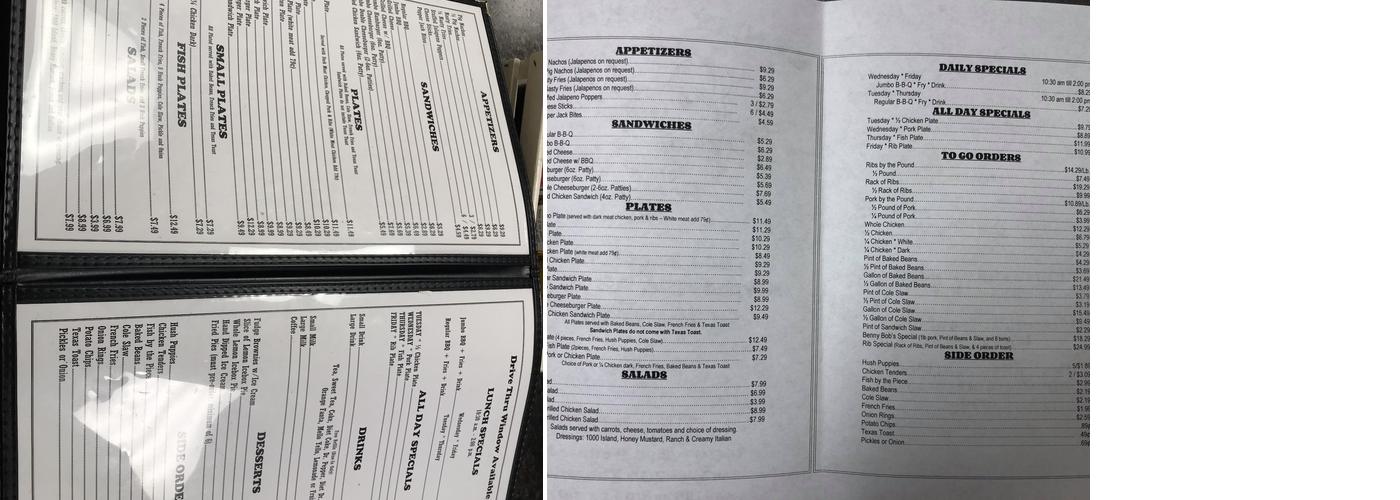 Benny Bob's Barbecue Menu