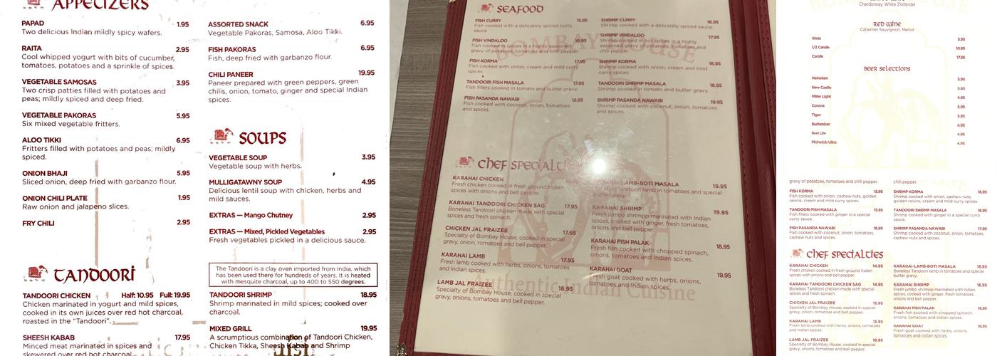 Bombay House Menu