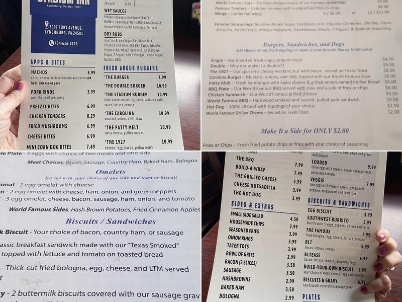 The World Famous Stadium Inn Menu