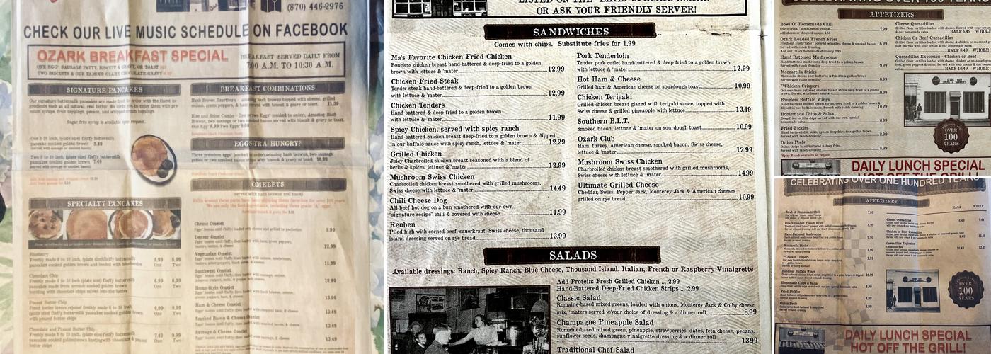 Ozark Cafe Menu