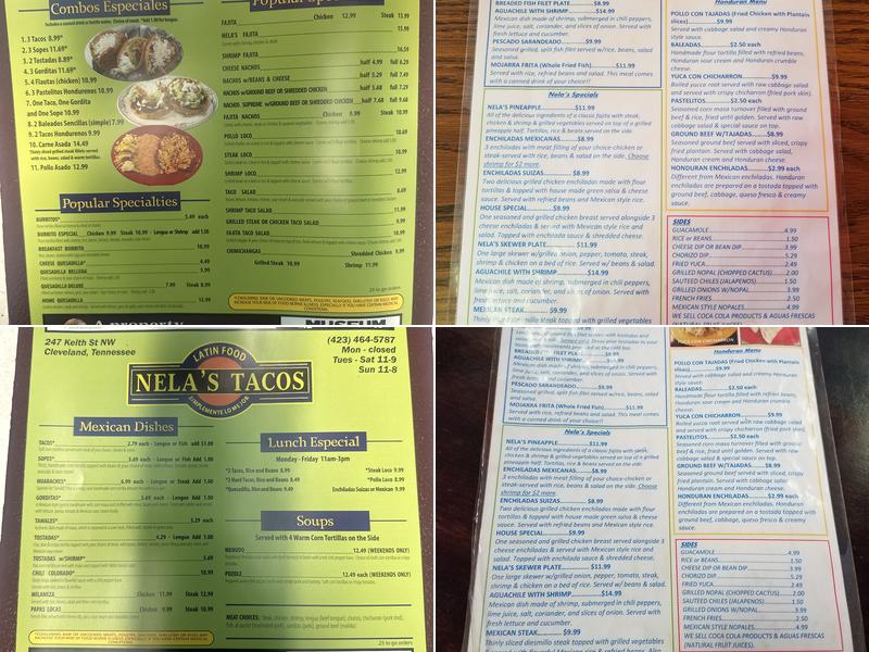 Nelas Tacos Menu
