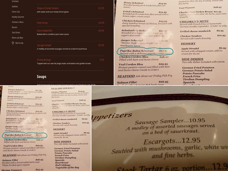 Fritzl's Restaurant and Pub Menu