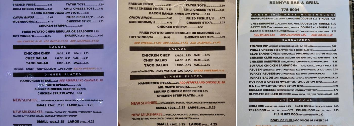 Kenny's Bar & Grill Menu