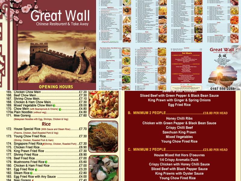 Great Wall Chinese restaurant and takeaway Menu