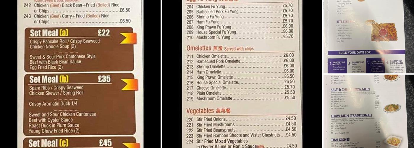 Sunrise Chinese takeway Menu