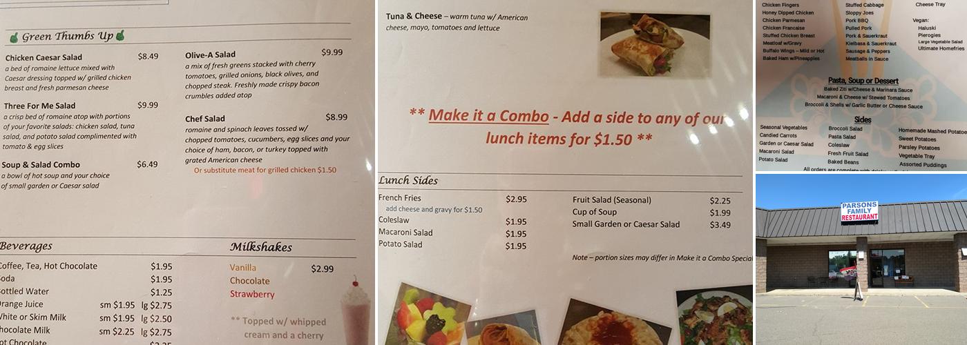 Parsons Friends and Family Restaurant Menu