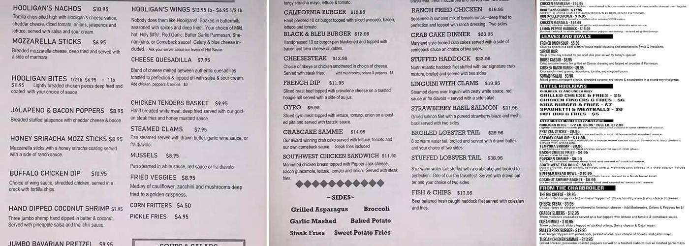Hooligans Bar & Grill Menu