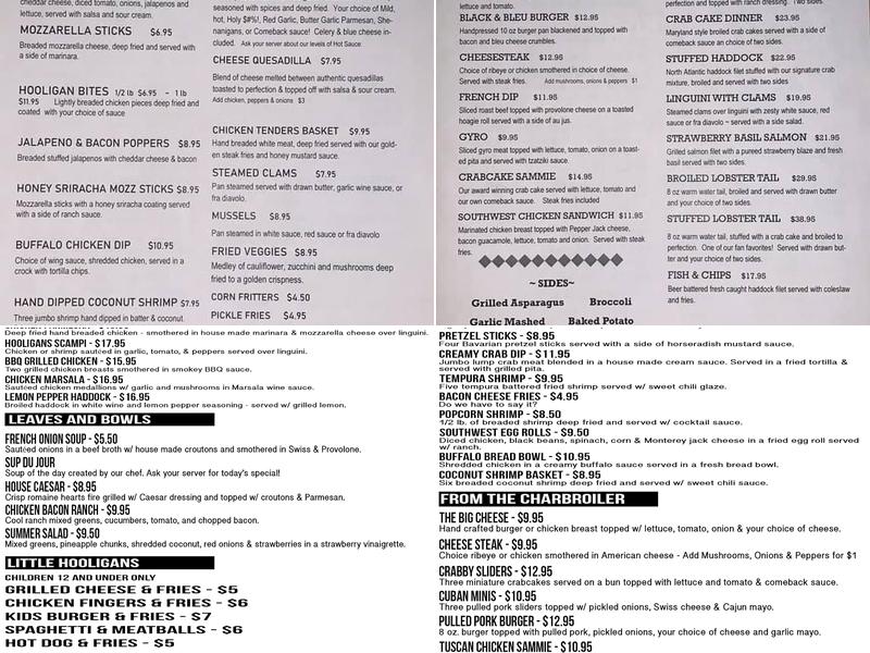 Hooligans Bar & Grill Menu