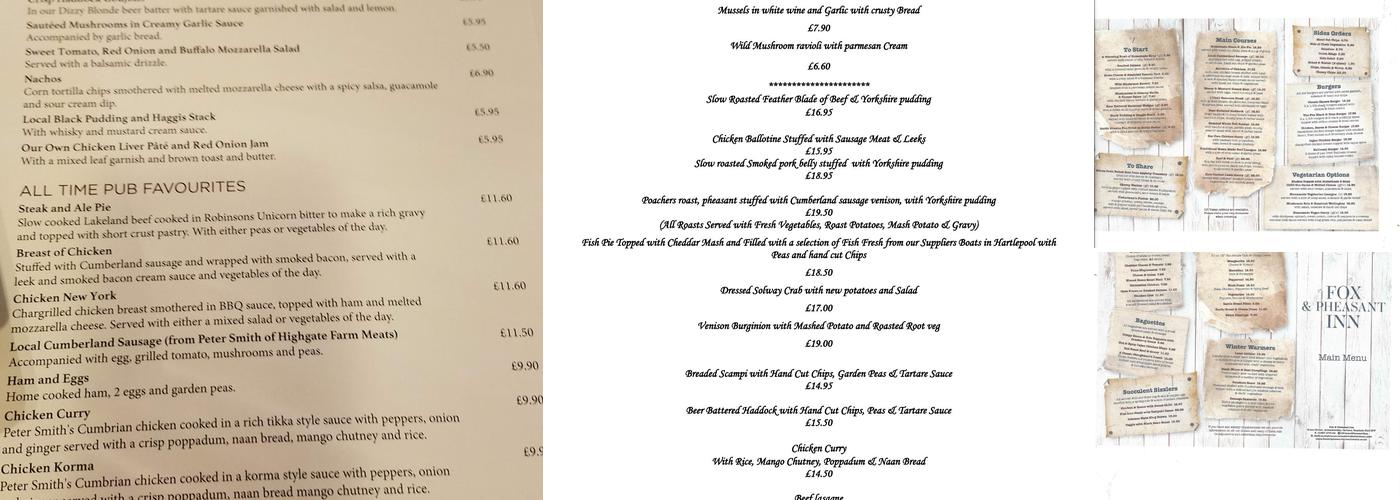 Fox & Pheasant Inn Menu