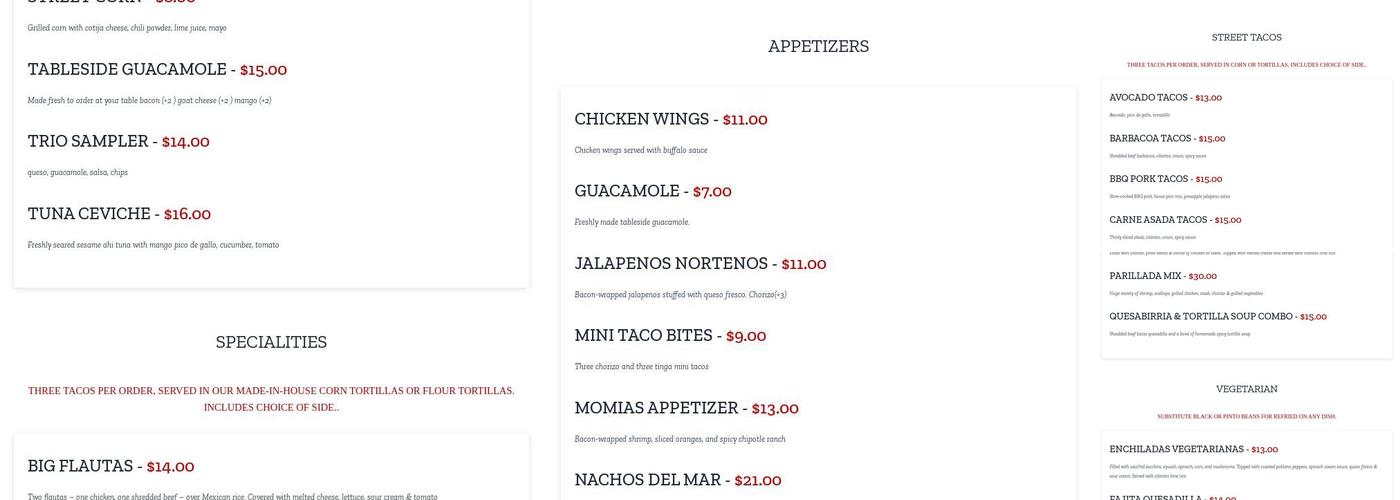 Tres Potrillos Menu