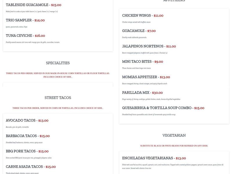 Tres Potrillos Menu