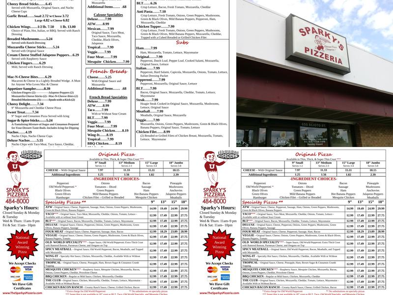Sparky's & Freddie's Pizzeria Menu