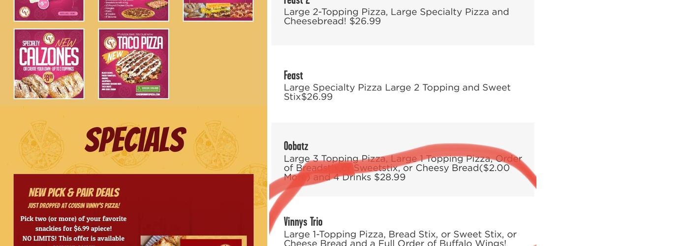 Cousin Vinny's Pizza Menu