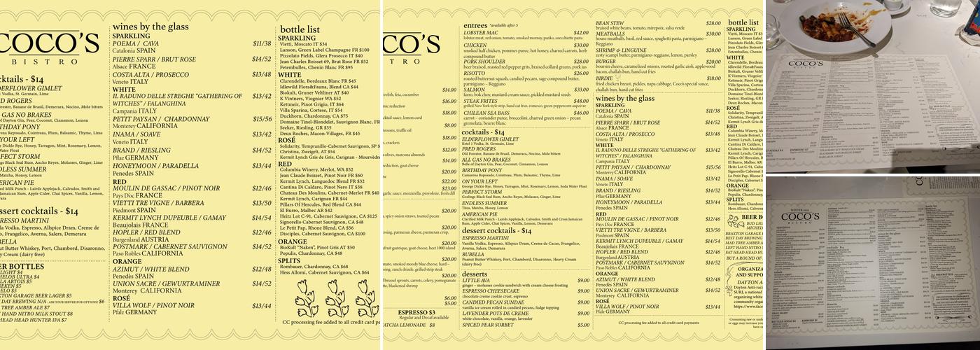 Coco's Bistro Menu