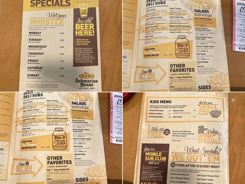 Submarine House Menu