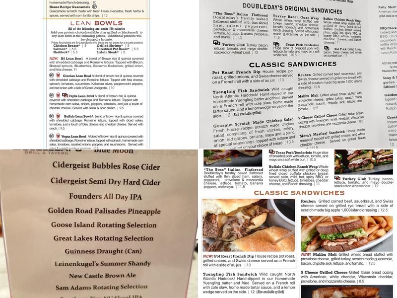 Doubleday's Grill &Tavern Menu