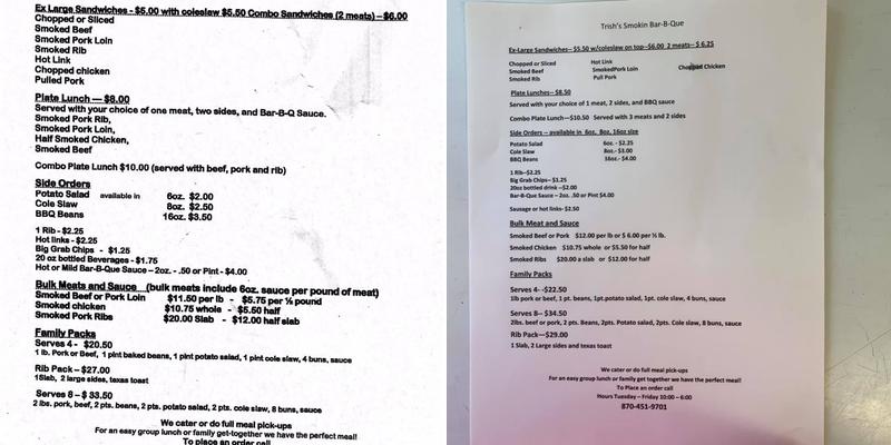 Trish's Smokin' Bar-B-Q Menu