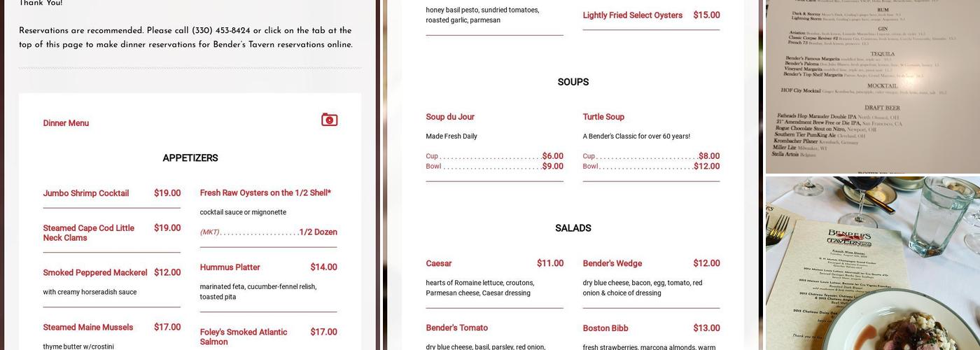 Bender's Tavern Menu