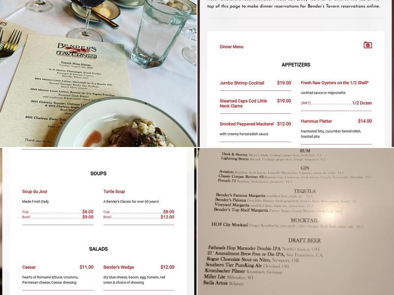 Bender's Tavern Menu