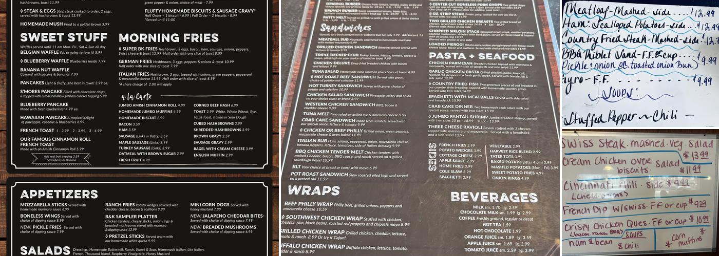 B & K Cafe Menu