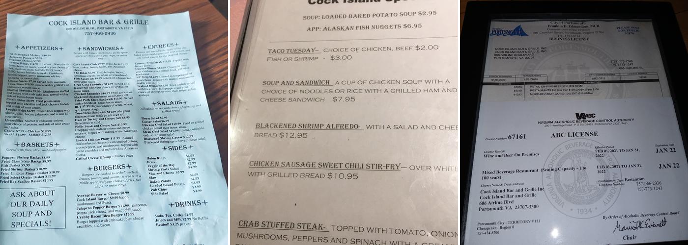 Cock Island Bar & Grille Menu