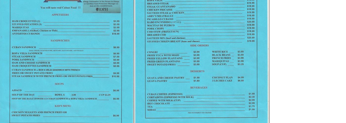 Congri Cuban Restaurant Menu