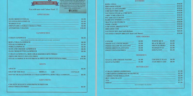Congri Cuban Restaurant Menu