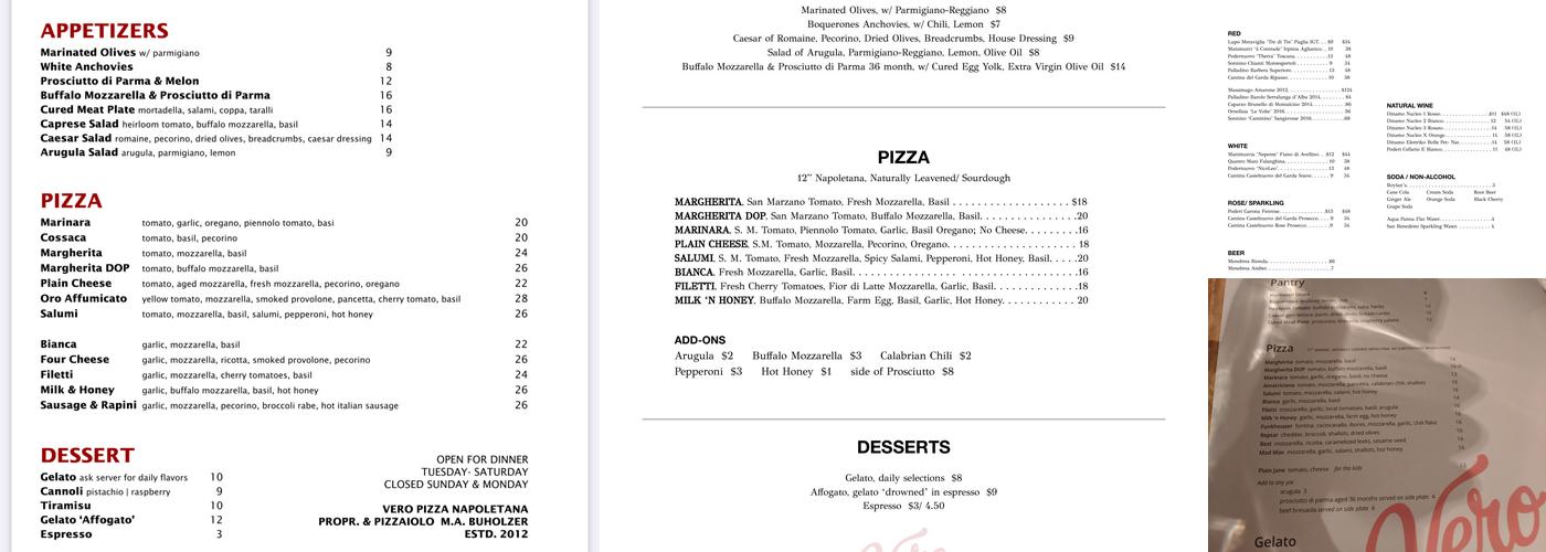 Vero Pizza Napoletana Menu