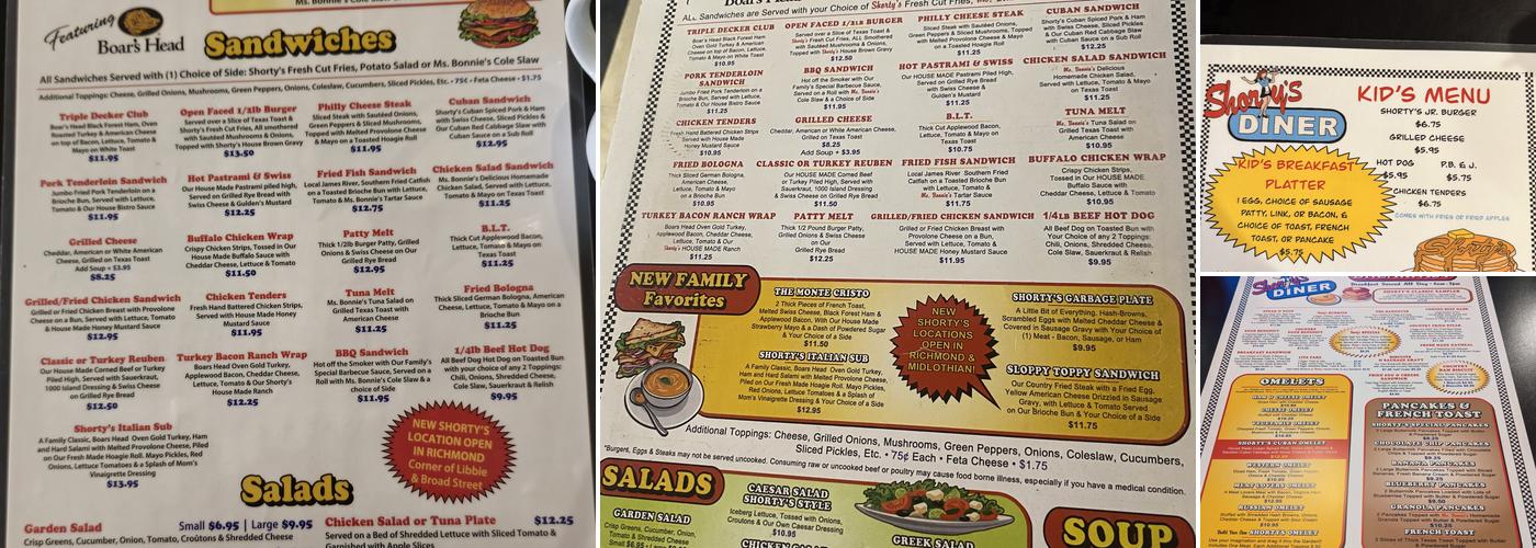 Shorty's Diner Menu