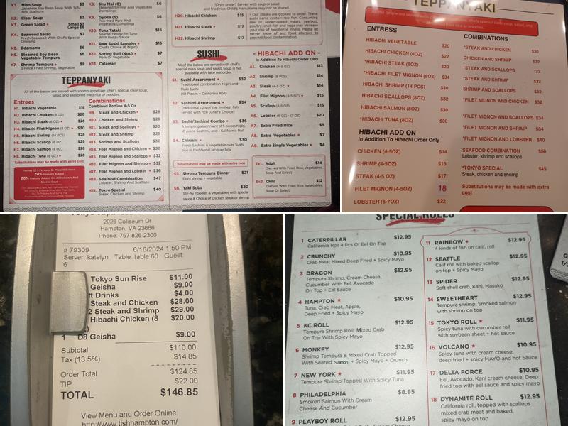 Tokyo Japanese Steak House Menu