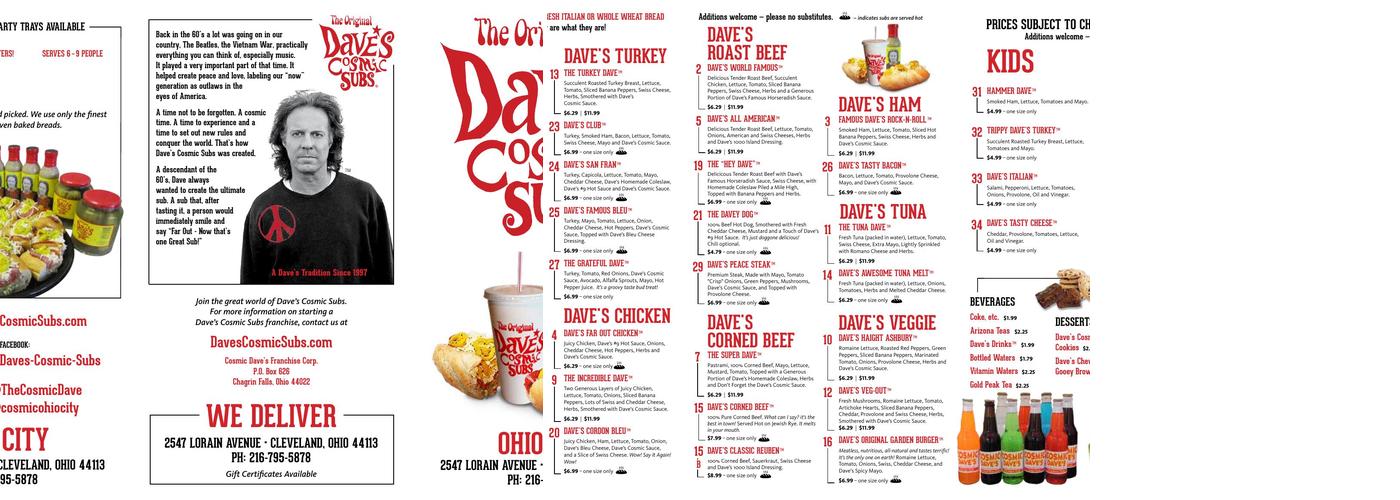 Dave's Cosmic Subs Menu