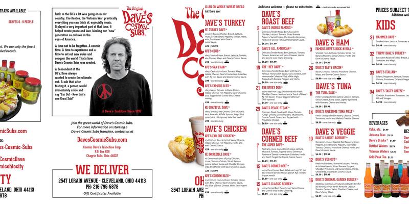 Dave's Cosmic Subs Menu