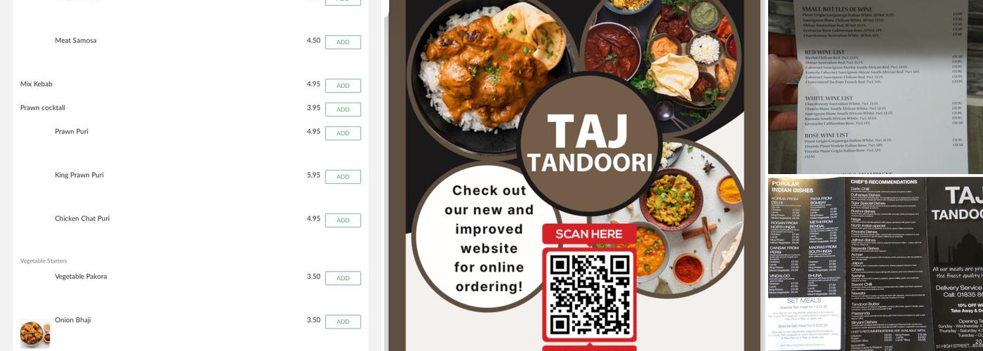 Taj Tandoori Jedburgh Menu