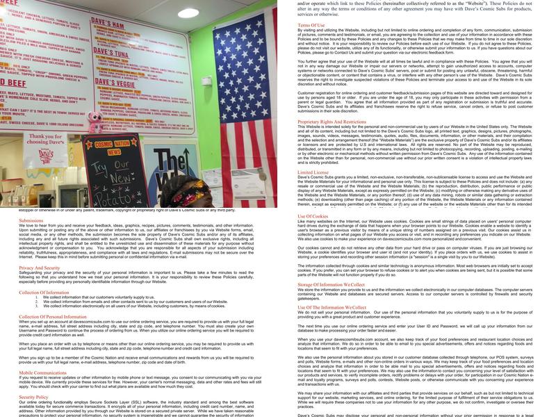 Dave's Cosmic Subs Menu