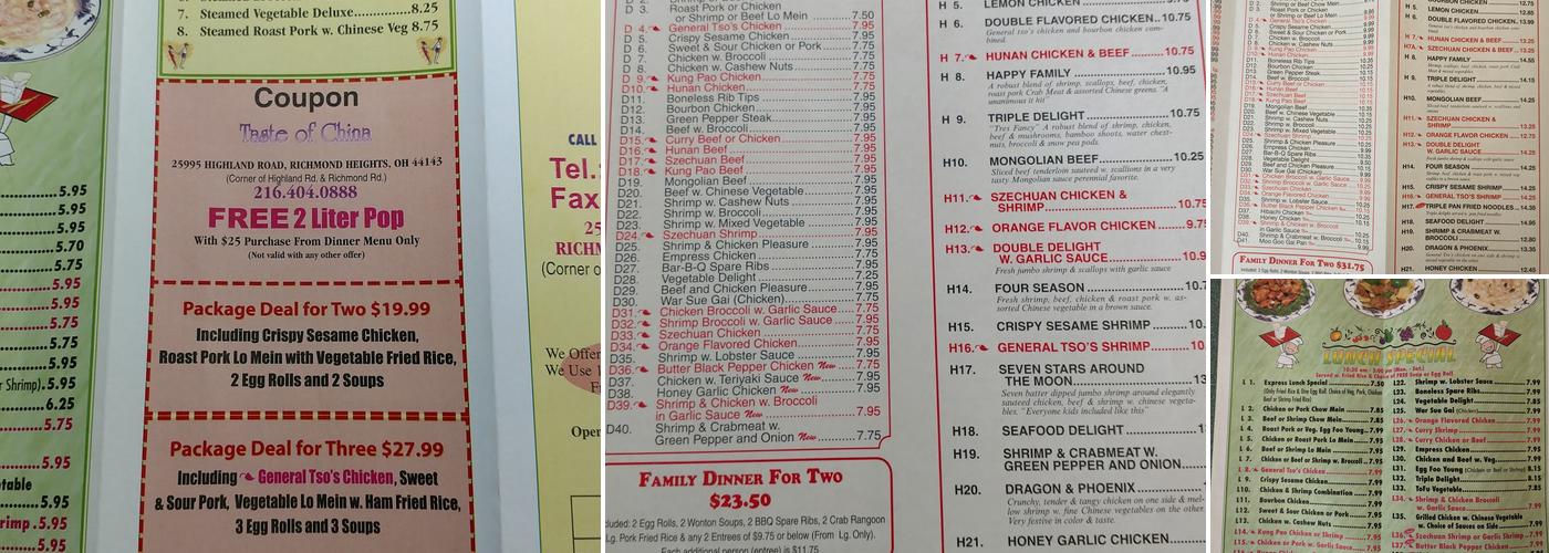 Taste of China Menu