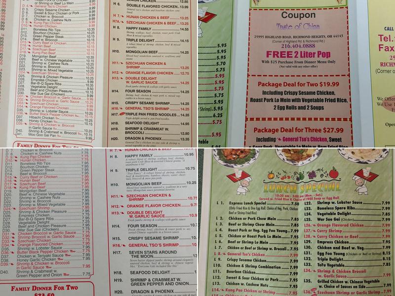 Taste of China Menu