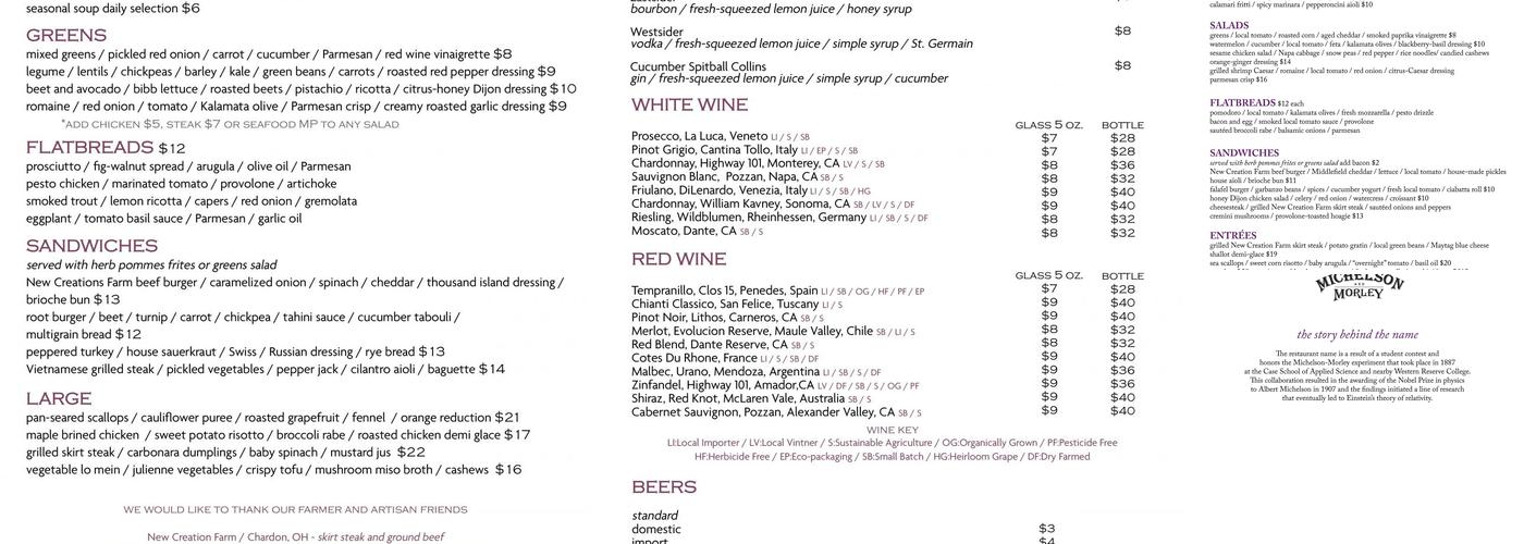 Michelson and Morley Restaurant Menu
