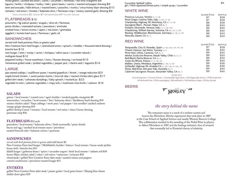 Michelson and Morley Restaurant Menu